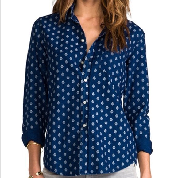 MOTHER Foxy Boxy Denim Button Up Shirt Medium Cotton Blend Breast Pocket - Picture 2 of 10